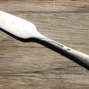 May include: A silver butter knife with a decorative handle. The handle features a floral design and the words "Stainless Steel" are engraved on the blade.