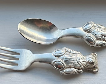 Amazing Rare Elegant Vintage Collectible Ralph Lauren "POLO BEAR COLLECTION" Silver Plate Baby Set - Baby Fork/Baby Spoon 4 1/4", Set Of 2