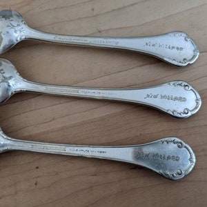 May include: Three silver spoons with ornate handles. Each spoon has the words "New Willard" engraved on the back of the handle. The spoons are marked "Reed & Barton" and "Silverplate" on the back.