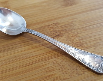 May include: A silver teaspoon with an ornate, floral design on the handle.