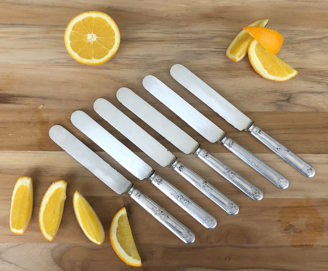 Antique Wm Rogers & Son 1910 ORANGE BLOSSOM Blunt Solid Dinner Knife 8 1/4 W Bolster, Set of 6