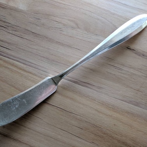 Puede incluir: Un cuchillo de mantequilla de plata con una hoja ligeramente curvada y un mango redondeado. El mango tiene un patrón decorativo.