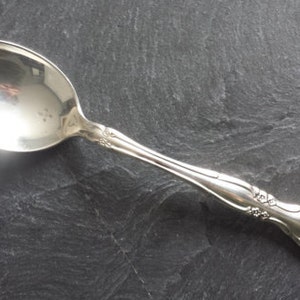May include: A silver spoon with an ornate handle. The spoon has a rounded bowl and a smooth, polished finish.
