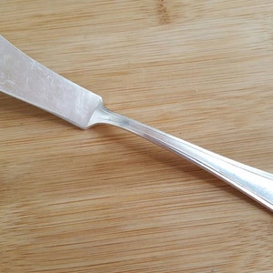 May include: A silver butter knife with a curved blade and a decorative handle, resting on a wooden surface. The knife is approximately 8 inches long, with a slightly serrated edge.