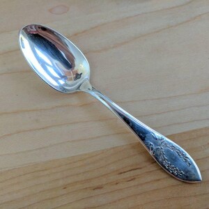 Puede incluir: Una cucharita de plata con un diseño floral adornado en el mango.