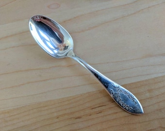 May include: A silver teaspoon with an ornate floral design on the handle.