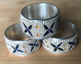 Vintage Silver Elegant Collectible Round Art Deco Repousse & Blue Glass Napkin Ring/Holder, Set of 3