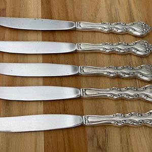 Può includere: Cinque coltelli da tavola d'argento con manici decorati. I coltelli hanno una finitura lucida e sono disposti in fila su una superficie di legno.