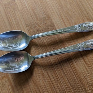 May include: Two silver spoons with ornate handles featuring a woman's profile and the inscription "International Silver Co."