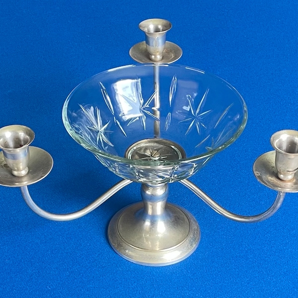 Gorgeous Rare Elegant Vintage Silver Plate Epergne Style 3 Arm Candelabra Candle Holder/Centerpiece w Glass Insert