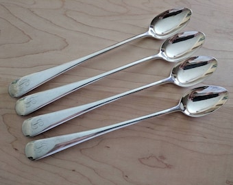 Vintage BIRKS Silver OLD ENGLISH Iced Teaspoon/Muddler/Bar Spoon 7 5/8" Mono F, Set of 8