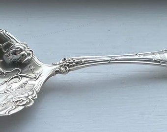 May include: A silver serving spoon with an ornate design. The spoon has a wide, rounded bowl and a long, curved handle.