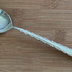 May include: A silver spoon with an ornate, detailed handle. The spoon has a rounded bowl and a slightly pointed end.