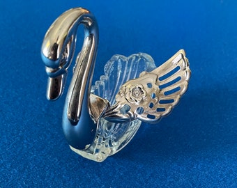 GORGEOUS Vintage Silver/Glass SWAN Reticulated/Pierced Open Master Salt/Mustard Cellar w/Hinged Wings