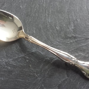 May include: A silver spoon with an ornate handle. The spoon has a rounded bowl and a long, slender handle with a decorative design.