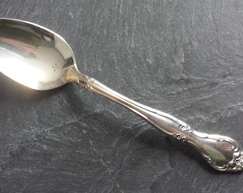 May include: A silver spoon with an ornate handle. The spoon has a rounded bowl and a long, slender handle with a decorative design.