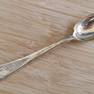 May include: A silver teaspoon with an ornate design on the handle. The spoon is lying on a wooden surface.