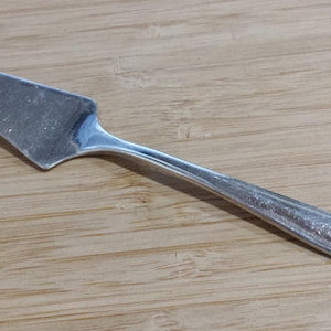 May include: A silver cake server with a pointed tip and a long, curved handle.