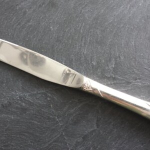 Puede incluir: Un cuchillo de cena de plata con un mango adornado con un diseño floral. El cuchillo tiene una hoja lisa y pulida.