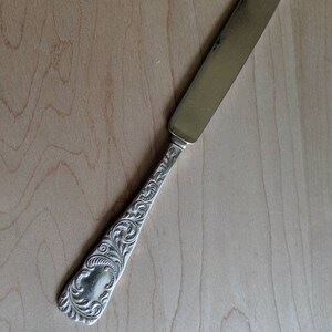 May include: A silver butter knife with an ornate, engraved handle. The blade is smooth and polished.
