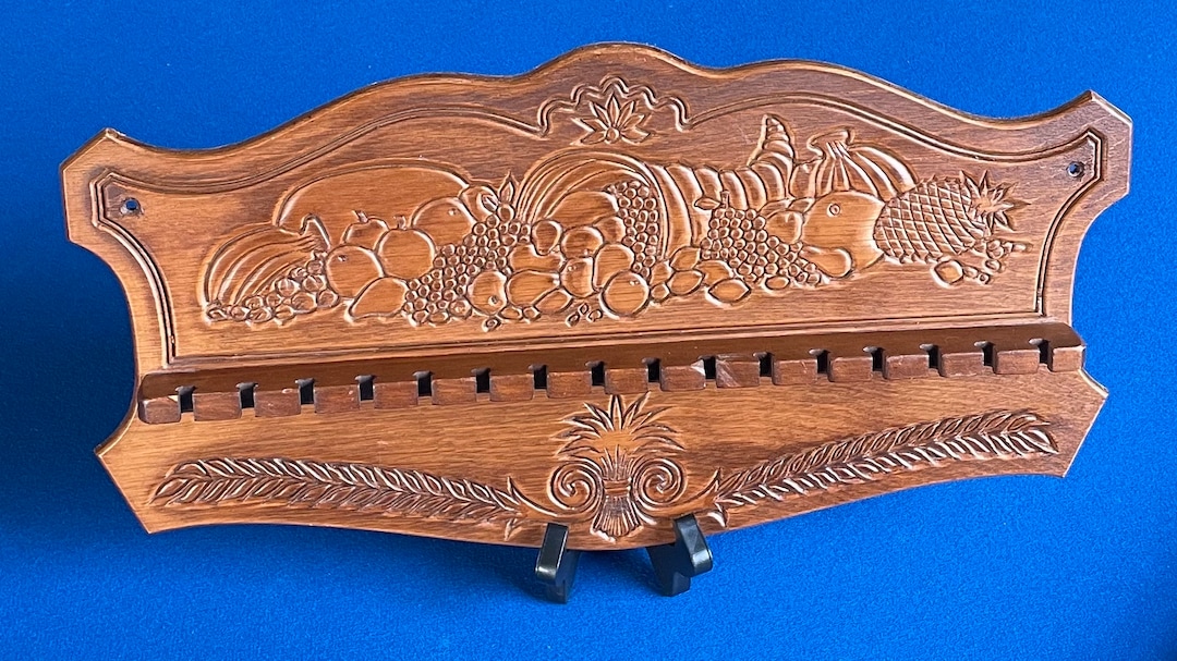 Etched Rack Vintage Elegant Collectible Wall Mounted Oak Wood Finish KITCHEN FRUIT ...
