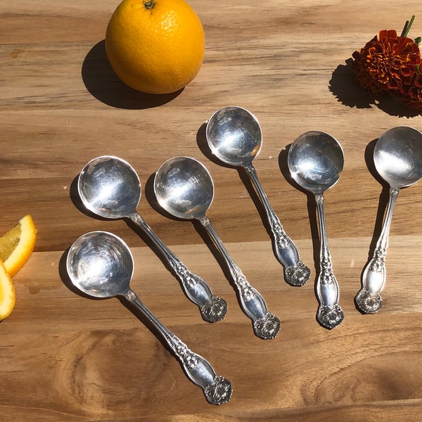 Antique Wm ROGERS Son 1910 ORANGE BLOSSOM Round Bowl Soup Spoon (Bouillon) 5 1/8", Set of 6