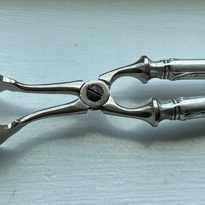 Op de afbeelding: Zilverkleurige serveertangen met een decoratief ontwerp op de handvatten. De tangen hebben een vorkvormig ontwerp aan het ene uiteinde en een veermechanisme aan het andere uiteinde.