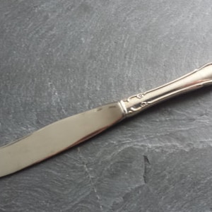 May include: A silver butter knife with an ornate handle. The blade is smooth and shiny.