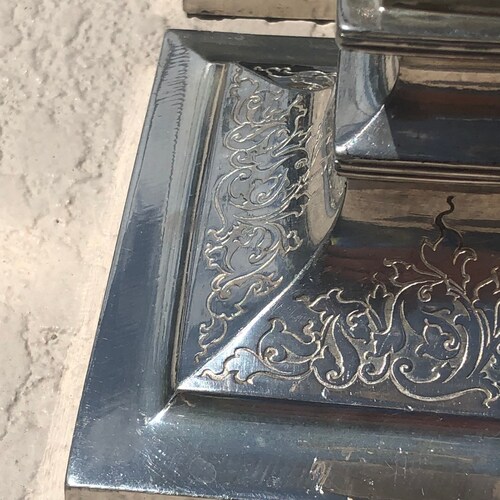 Shops Rare Antique Vintage Collectible MERIDEN & ROGERS BROS Silver Floral Etched Square Base Column Candlestick Holders w Insert 9 3/4