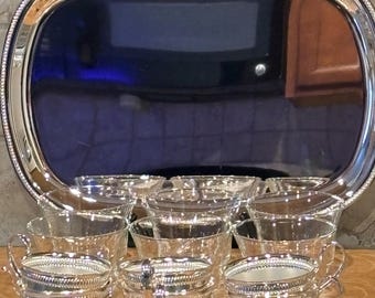 Gorgeous Elegant Vintage BMF Silver "TEESERVICE" Silverplated Pierced Handle & Glass 7 Piece Tea/Coffee Service Set w/Oval Ribbon Edge Plate