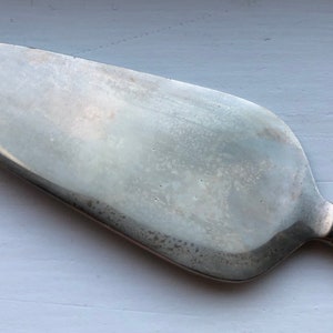 May include: A silver cake server with a slightly curved blade and a simple, rounded handle.