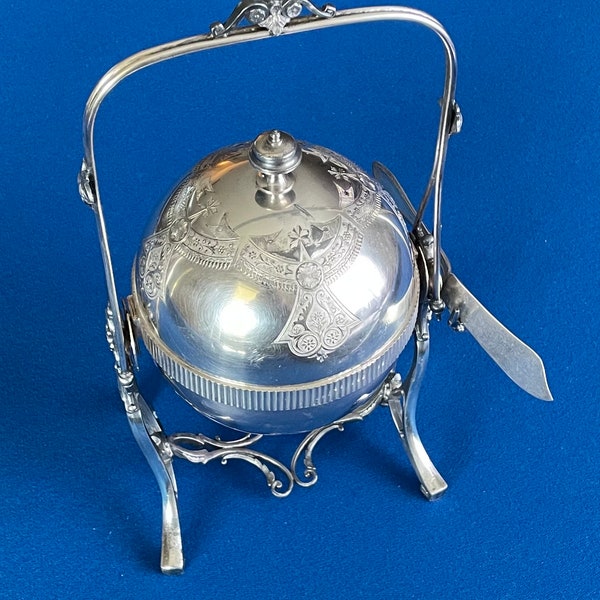 Stunning Victorian SIMPSON HALL & MILLER "Mechanical" Silver Plate Roll Top Covered Caviar/Butter Server Dish With Insert And Serving Knife