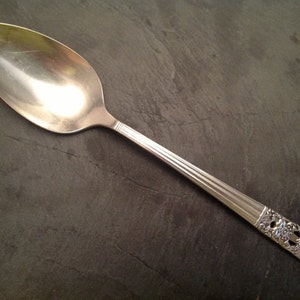 May include: A silver spoon with a decorative handle. The handle has a floral design.