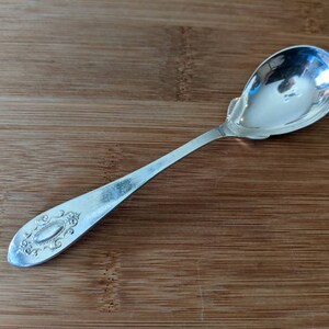 May include: A silver sugar spoon with an ornate design on the handle. The spoon has a rounded bowl and a long, slender handle.
