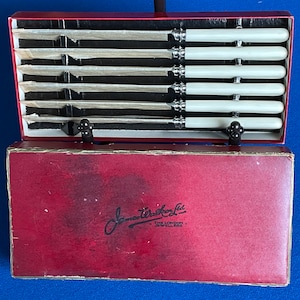 Antique JAMES WALKER Ltd KEENERKUT Hollowground Stainless Silver Blunt Dinner Knife 10&quot; w/ Bakelite Handle, Set of 6, Sheffield, w/Box