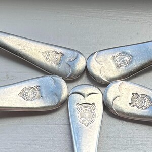 May include: Five silver spoons arranged in a starburst pattern. Each spoon has a rounded bowl with a decorative emblem. The spoons are made of a shiny, reflective metal, likely stainless steel or silver, and are set against a light-coloured surface.