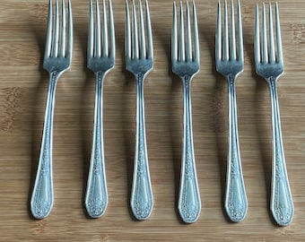 Precioso plato COMMUNITY antiguo plateado 1926 HAMPTON COURT Tenedor de cena 7 5/8", juego de 6