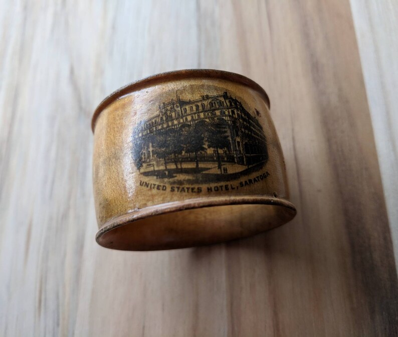 Vintage Collectible Wooden Round Napkin RingHolder UNITED STATES HOTEL Saratoga