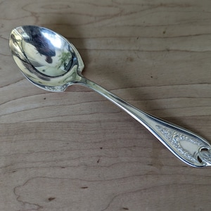 May include: A silver spoon with an ornate handle. The spoon has a rounded bowl and a long, slender handle with a decorative design.