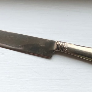 May include: A silver butter knife with a serrated edge and an ornate handle.
