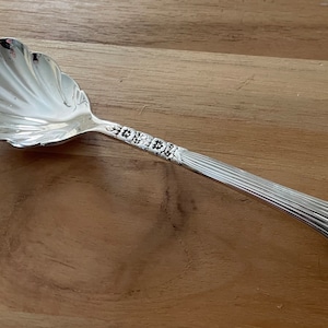 Könnte beinhalten: Ein silberner Zuckerlöffel mit einer gewellten Schale und einem dekorativen Griff. Der Griff ist mit einem Blumendesign verziert und die Worte "Homer Laughlin" sind in den Griff graviert.
