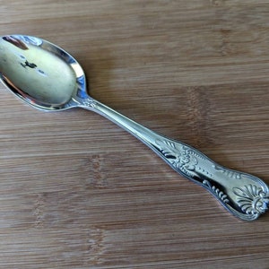 May include: A shiny, silver spoon with an oval bowl and a decorative handle. The handle features an ornate floral and leaf design. The spoon is resting on a light brown wooden surface.