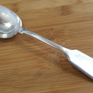May include: A silver spoon with a rounded bowl and a long, curved handle. The handle has a decorative design at the end.