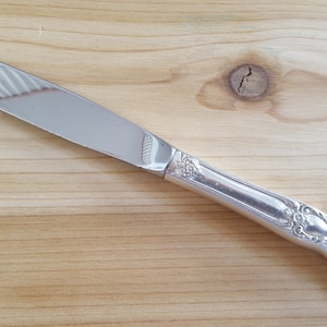 May include: A silver dinner knife with an ornate handle. The blade is smooth and reflective.