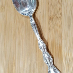 Può includere: Un cucchiaio d'argento con un designo floreale ornato sul manico. Il cucchiaio è appoggiato su una superficie di legno.