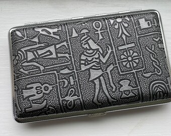 Vintage Collectible Art Deco Silver EGYPTIAN Design Double Sided Cigarette Case