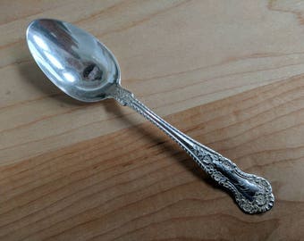 May include: A silver teaspoon with an ornate handle. The spoon has a rounded bowl and a long, slender handle with a decorative design.