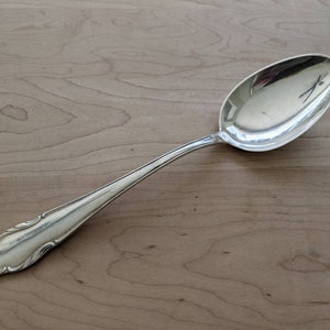 May include: A silver serving spoon with an ornate handle. The spoon is lying on a wooden surface.