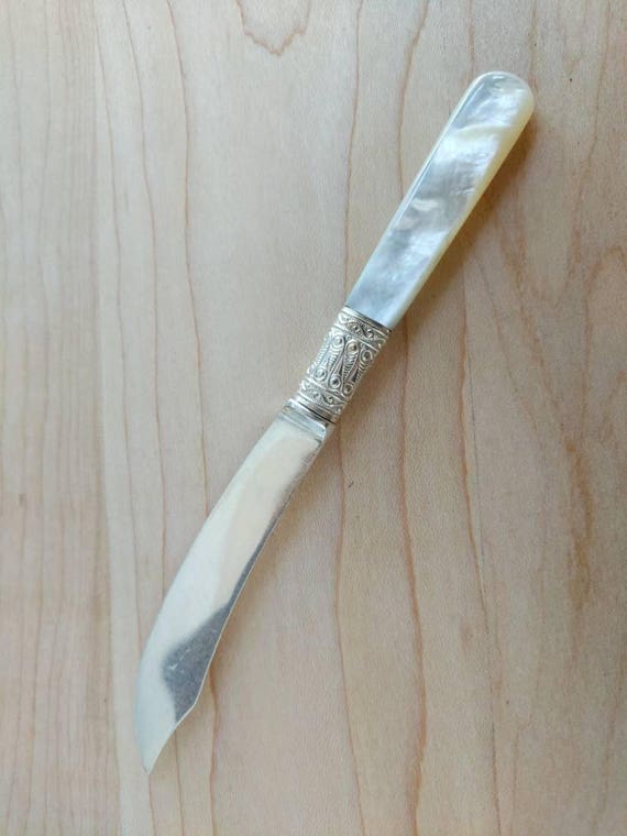 M5 Sterling Silver ヴィンテージ マザーオブパール ナイフ Antique Mother of Pearl & Sterling Band Silver Plate Cheese/fruit