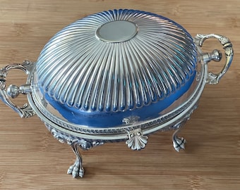 Elegant Vintage Collectible Silver Plate QUEEN ANNE Claw Footed Covered Roll Top/Revolving Oval Warmer/Chafing/Buffet/Butter Server, England